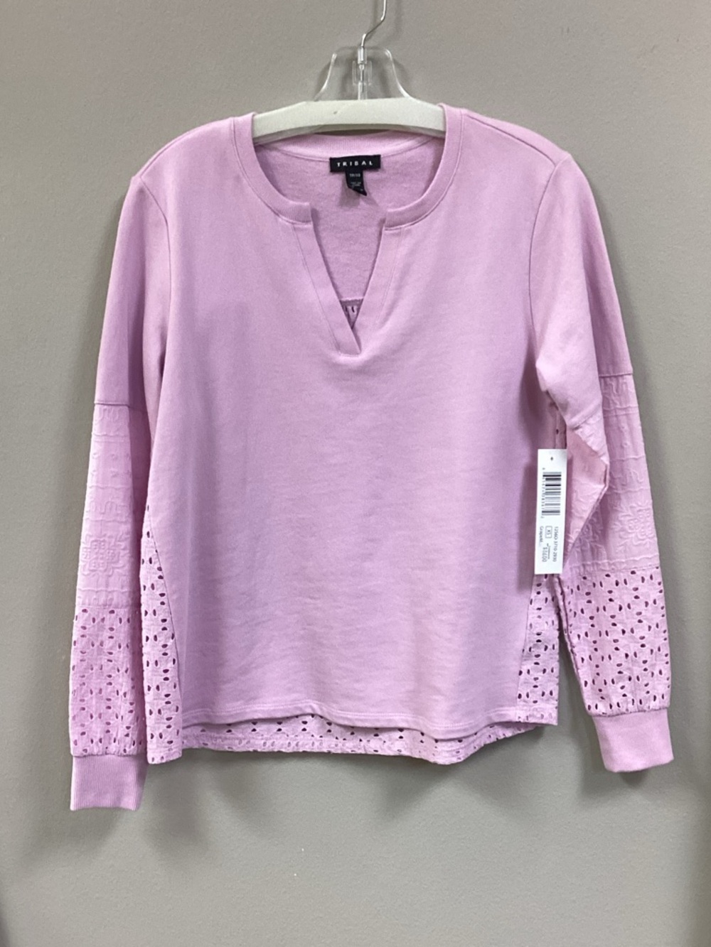 Tribal Lavender Eyelet-Sleeve Long Sleeve Top